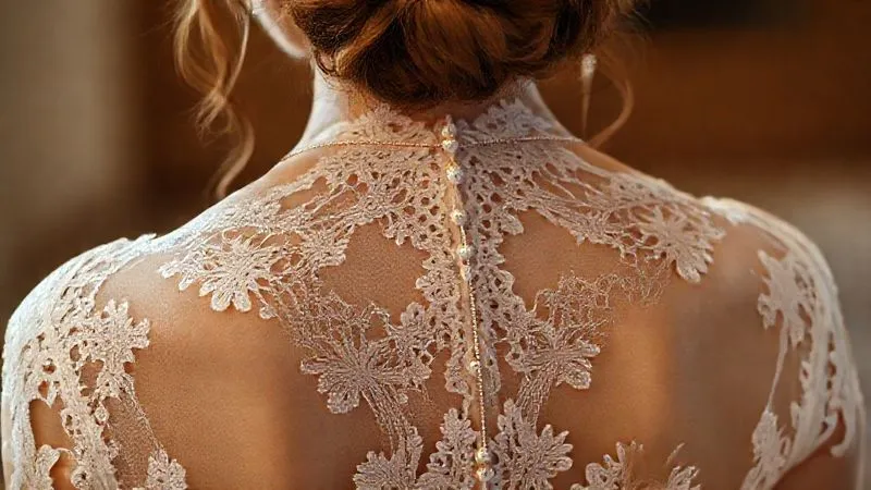 photorealistic, professional photography, 8K, cinematic lighting, sharp focus, depth of field, shot on a high-end DSLR, a close-up of a bride's back, showcasing an intricate lace and button-detailed illusion neckline of a wedding dress, with a delicate 'back necklace' draped elegantly, emphasizing the dress's details rather than competing.