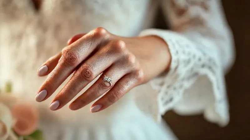 photorealistic, professional photography, 8K, cinematic lighting, sharp focus, depth of field, shot on a high-end DSLR, a close-up of a bride's hand, showcasing a delicate diamond bracelet and a simple wedding band, with a hint of a textured lace sleeve in the background, elegant and understated.