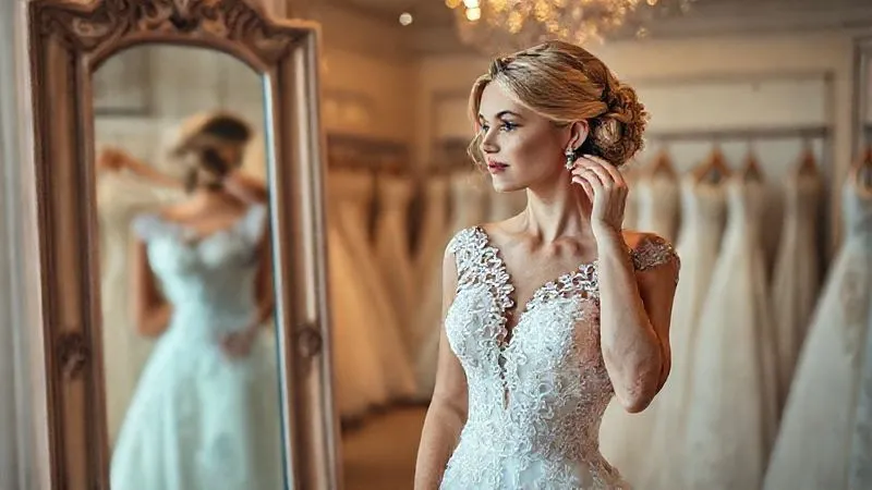 photorealistic, professional photography, 8K, cinematic lighting, sharp focus, depth of field, shot on a high-end DSLR, a bride standing in a bridal boutique, looking critically at herself in a large mirror, wearing her wedding dress with a complex neckline and trying on different earrings, a thoughtful and focused expression.