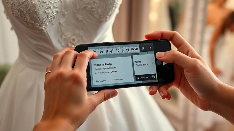 Photorealistic, professional photography, 8K, cinematic lighting, sharp focus, depth of field, shot on a high-end DSLR. A close-up of a bridesmaid's hands holding a measurement tape against a dress, with a smartphone in the other hand taking a photo of the size tag and order confirmation, highlighting the documentation process. The background is a softly lit bridal dressing room.