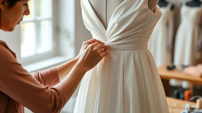 Photorealistic, professional photography, 8K, cinematic lighting, sharp focus, depth of field, shot on a high-end DSLR. A skilled seamstress, with soft, focused hands, meticulously pinning a flowing bridesmaid dress on a mannequin. Threads, needles, and fabric swatches are visible on a nearby table. The atmosphere is calm and professional, highlighting the craftsmanship of alterations.