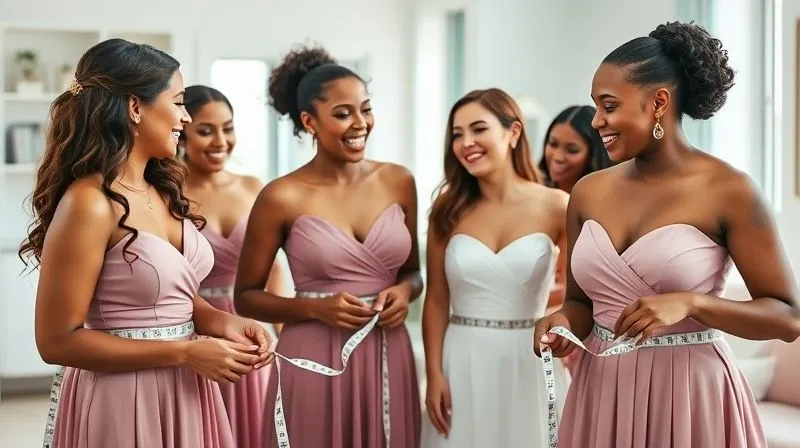 Photorealistic, professional photography, 8K, cinematic lighting, sharp focus, depth of field, shot on a high-end DSLR. A group of diverse bridesmaids laughing and assisting each other with taking accurate measurements for dresses, using professional measuring tapes. The atmosphere is collaborative and joyful, set in a bright, modern bridal salon, emphasizing careful planning.