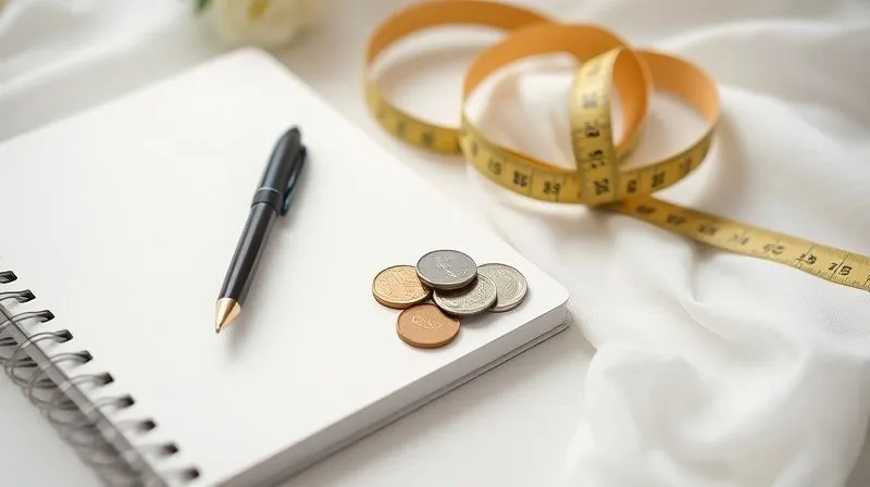 Photorealistic, professional photography, 8K, cinematic lighting, sharp focus, depth of field, shot on a high-end DSLR. A beautifully styled flat lay of a wedding planning notebook, a pen, and a small stack of crisp dollar bills or coins, subtly placed next to a measuring tape and a swatch of bridesmaid dress fabric. The composition suggests thoughtful financial planning for unexpected costs.