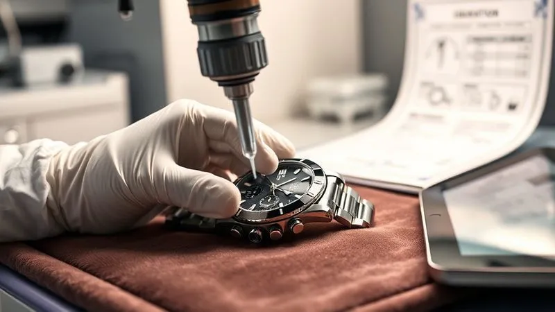 A photorealistic image of a hand wearing a white glove meticulously examining a high-end luxury watch with a jeweler's loupe, in a sterile, well-lit laboratory setting. The watch is on a velvet cloth, with documentation and a tablet displaying inventory data nearby. Cinematic lighting, sharp focus on the watch and loupe, depth of field blurring the background, 8K hyper-detailed, shot on a high-end DSLR.
