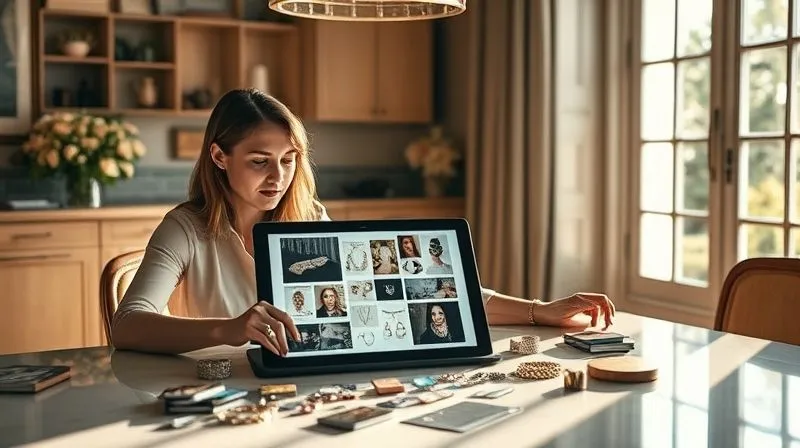 A custom jewelry designer and client seated at a elegant studio table, collaboratively creating a digital mood board on a large tablet, surrounded by gemstone samples and metal swatches. Sunlight streams through a large window, creating a warm, inviting atmosphere. Photorealistic, professional photography, 8K, cinematic lighting, sharp focus on the tablet screen, depth of field blurring the background, shot on a high-end DSLR.