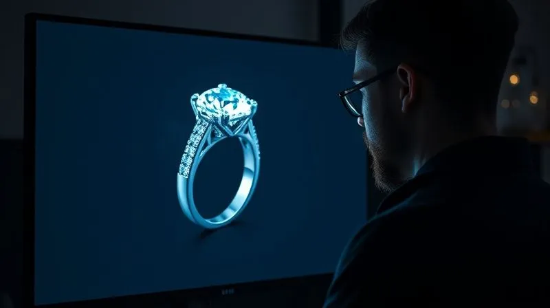 A highly detailed, photorealistic 3D rendering of an intricate custom engagement ring, displayed on a high-resolution monitor in a darkened jewelry design studio. The screen glows, illuminating the designer's focused face in soft light, reflecting the ring's facets. Photorealistic, professional photography, 8K, cinematic lighting, sharp focus on the ring render, depth of field blurring the background, shot on a high-end DSLR.