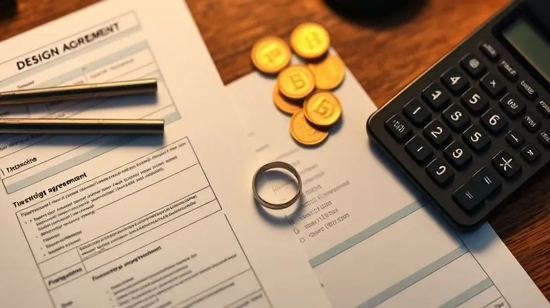A close-up, top-down view of a custom jewelry designer's desk, showcasing a meticulously organized workspace. Financial ledgers, a calculator, a design agreement, and a small stack of gold coins are neatly arranged alongside a beautiful, finished custom ring. The scene is well-lit, emphasizing precision and professionalism. Photorealistic, professional photography, 8K, cinematic lighting, sharp focus on the financial elements, depth of field blurring the background, shot on a high-end DSLR.
