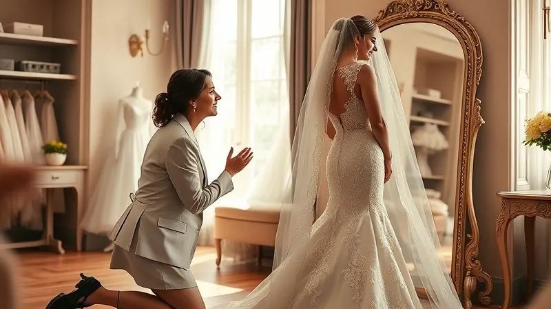 photorealistic, professional photography, 8K, cinematic lighting, sharp focus, depth of field, shot on a high-end DSLR. A warm, inviting bridal boutique interior. A professional, empathetic bridal consultant is kneeling slightly, making eye contact with a bride who is trying on a stunning, intricate wedding dress. The consultant is holding a delicate veil, offering gentle advice, while the bride smiles, looking at herself in a large, ornate mirror. Soft, natural light fills the space, creating an intimate and luxurious atmosphere.