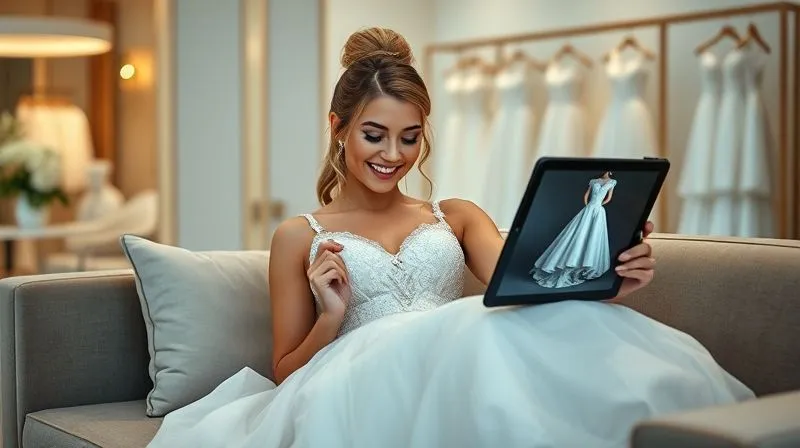 photorealistic, professional photography, 8K, cinematic lighting, sharp focus, depth of field, shot on a high-end DSLR. A stylish bride-to-be is comfortably seated on a chic sofa, engrossed in a high-resolution tablet displaying a virtual bridal trunk show. On the screen, a stunning wedding dress is showcased with intricate details. In the background, subtly blurred, a modern bridal boutique setting with soft lighting and elegant decor is visible, blending digital and physical experiences seamlessly.