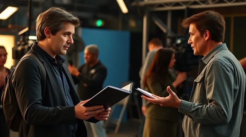 photorealistic, professional photography, 8K, cinematic lighting, sharp focus, depth of field, shot on a high-end DSLR. A calm, focused costume designer on a bustling film set, wearing practical work attire, intently listening and taking notes while a director gestures expressively, their body language conveying active problem-solving and collaboration amidst controlled chaos.
