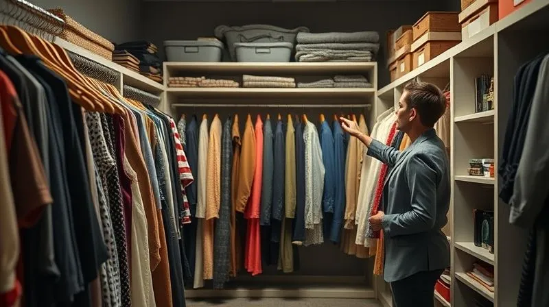 photorealistic, professional photography, 8K, cinematic lighting, sharp focus, depth of field, shot on a high-end DSLR. A highly organized wardrobe department, with racks of meticulously categorized costumes and shelves of accessories, a costume designer pointing to a specific garment while a team member quickly retrieves it, conveying efficiency and preparedness amidst a busy film production.