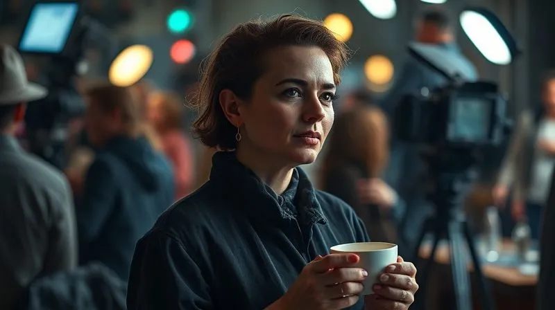 photorealistic, professional photography, 8K, cinematic lighting, sharp focus, depth of field, shot on a high-end DSLR. A costume designer taking a brief moment of quiet contemplation in a softly lit corner of a bustling film set, perhaps with a cup of tea, a serene expression amidst the background blur of activity, symbolizing finding calm in chaos.