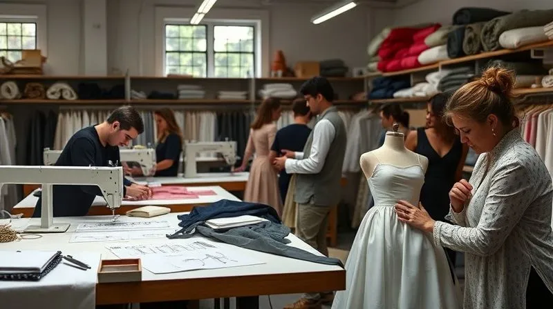 photorealistic, professional photography, 8K, cinematic lighting, sharp focus, depth of field, shot on a high-end DSLR, a bustling haute couture atelier with designers and seamstresses working intently, surrounded by exquisite fabric rolls and sketches, a sense of controlled urgency and collaborative problem-solving, with a focus on samples being rushed to a cutting table.