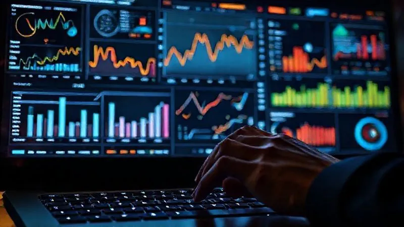 A photorealistic, professional photography, 8K image showing a complex, multi-layered data dashboard with various charts and graphs, some indicating a downward trend in sales and website traffic. The screen glows with cinematic lighting, reflecting in a pair of hands hovering over a keyboard, sharp focus on the data, depth of field blurring the background, shot on a high-end DSLR.