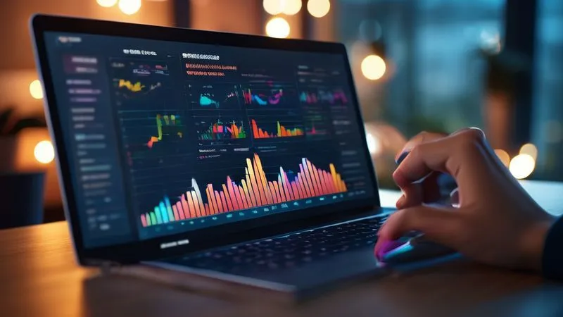 A photorealistic, brightly lit analytics dashboard on a laptop screen, displaying various graphs and charts showing a sharp decline in reach and engagement metrics. A hand with a stylus points to a specific data point. Professional photography, 8K, cinematic lighting, sharp focus on the screen, depth of field, shot on a high-end DSLR.