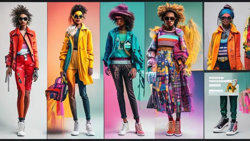 A photorealistic collage of diverse fashion content formats: a dynamic short-form video clip of an outfit transition, a multi-image carousel post showing styling options, a live stream screenshot of a fashion Q&A, and an infographic on sustainable fashion tips. All elements are stylish and cohesive. Professional photography, 8K, cinematic lighting, sharp focus, depth of field, shot on a high-end DSLR.
