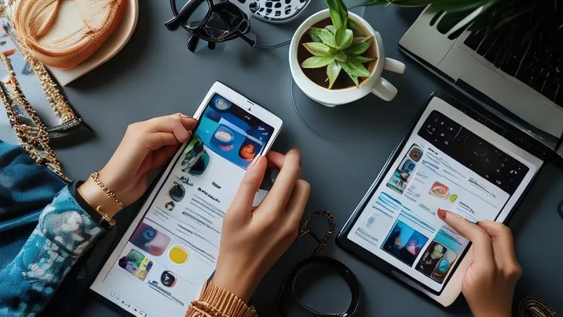 A photorealistic flat lay showing two stylish fashion bloggers collaborating. One hand is arranging accessories (jewelry, sunglasses) while another hand is holding a smartphone displaying a shared social media post. Elements like a coffee cup, fashion magazine, and a laptop are subtly in the background. Professional photography, 8K, cinematic lighting, sharp focus on the hands and phone, depth of field, shot on a high-end DSLR.