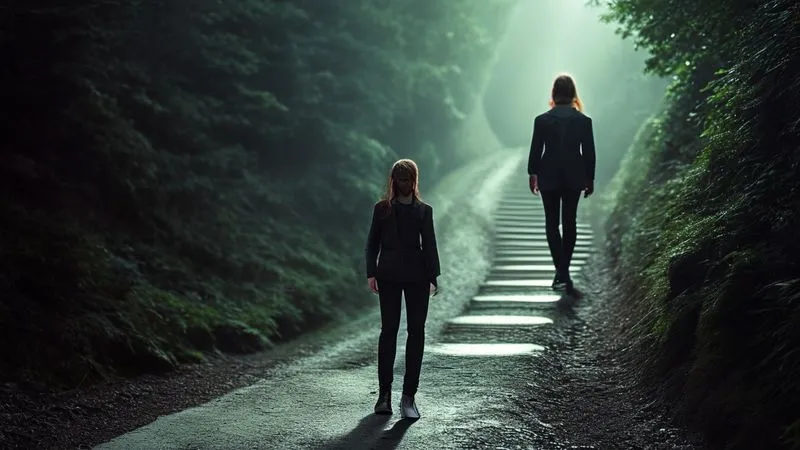 A photorealistic image of a lone, determined fashion blogger standing at the base of a long, winding, subtly illuminated path leading upwards, representing a journey of recovery and growth. The path is clear but requires effort. The blogger is dressed stylishly but practically. Professional photography, 8K, cinematic lighting, sharp focus on the path ahead, depth of field, shot on a high-end DSLR.