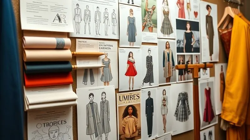 A photorealistic close-up of a mood board filled with fabric swatches, fashion sketches of unique garments, trend reports, and inspirational images, all meticulously organized, professional photography, 8K, cinematic lighting, sharp focus on the details, depth of field blurring the background, shot on a high-end DSLR.