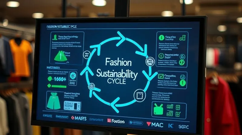 A photorealistic, highly detailed infographic on a digital screen, displaying a 'Fashion Sustainability Cycle' with interconnected arrows, icons representing materials, production, consumption, and recycling, vibrant color palette, professional photography, 8K, cinematic lighting, sharp focus on the infographic, depth of field blurring the background, shot on a high-end DSLR.