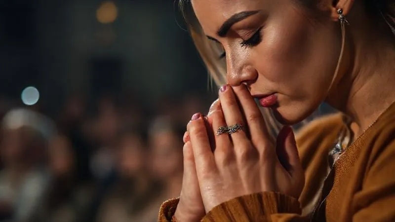 A photorealistic close-up of a fashion influencer's hands clasped together, looking down with a thoughtful, apologetic expression, soft cinematic lighting, a blurred backdrop of a digital audience, representing introspection and connection, 8K hyper-detailed, professional photography, shot on a high-end DSLR.
