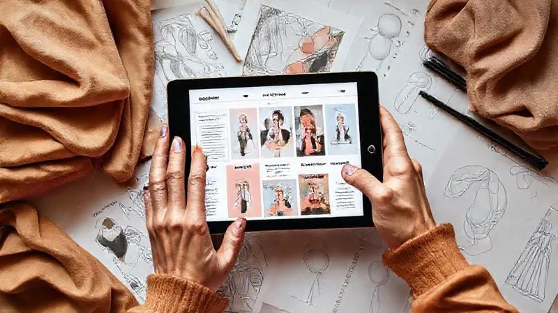 A photorealistic image of a fashion influencer's hands holding a tablet displaying various content ideas: a mood board, a styling guide, and a community Q&A, surrounded by fabric swatches and fashion sketches, illuminated by soft studio lighting, sharp focus on the tablet, 8K hyper-detailed, professional photography, shot on a high-end DSLR.