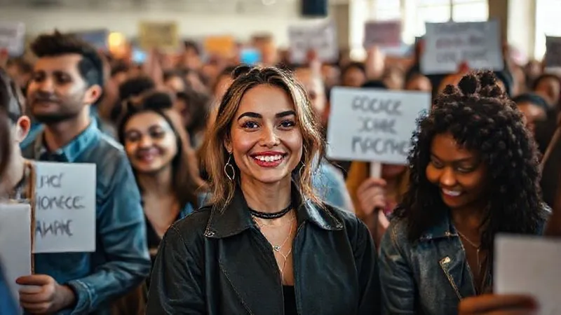 A photorealistic image of a fashion influencer, looking confident and genuinely smiling, surrounded by a diverse and engaged audience, some holding up signs with positive messages, in a bright, airy setting, cinematic lighting, sharp focus on the influencer and audience, 8K hyper-detailed, professional photography, shot on a high-end DSLR, conveying a sense of renewed connection and support.
