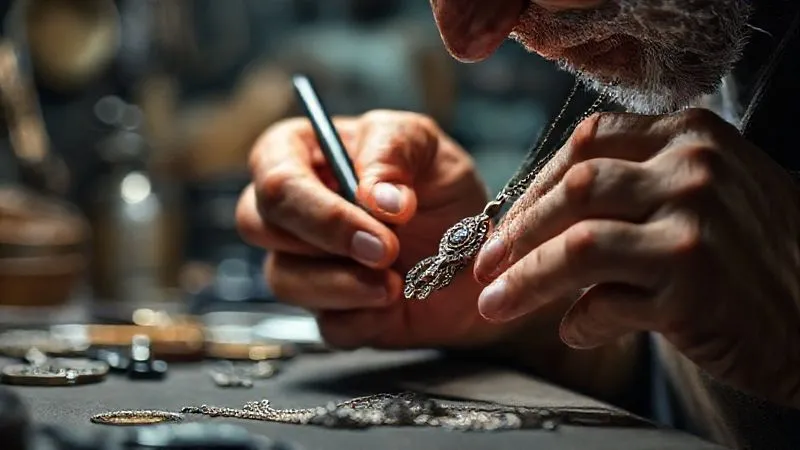 A photorealistic, professional photography, 8K, cinematic lighting, sharp focus, depth of field, shot on a high-end DSLR, a close-up of a jeweler's hands meticulously polishing a unique, handmade necklace, with blurred background elements suggesting a busy but authentic studio. The lighting emphasizes the craftsmanship and care, conveying trust and originality.