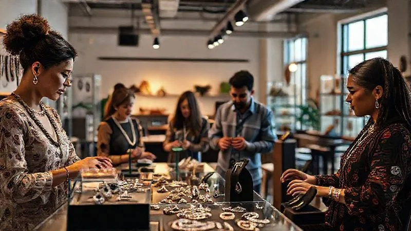 A photorealistic, professional photography, 8K, cinematic lighting, sharp focus, depth of field, shot on a high-end DSLR, a diverse group of jewelry designers collaborating and sharing ideas in a well-lit, modern studio, with various unique jewelry pieces on display. The atmosphere is one of community, innovation, and shared purpose against external threats.