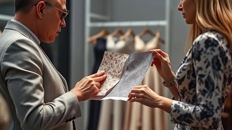 A photorealistic image of a haute couture designer presenting two fabric swatches or design options to a client. The client is listening attentively, and the atmosphere is professional and collaborative. Professional photography, 8K, cinematic lighting, sharp focus on the fabrics and hands, depth of field, shot on a high-end DSLR.