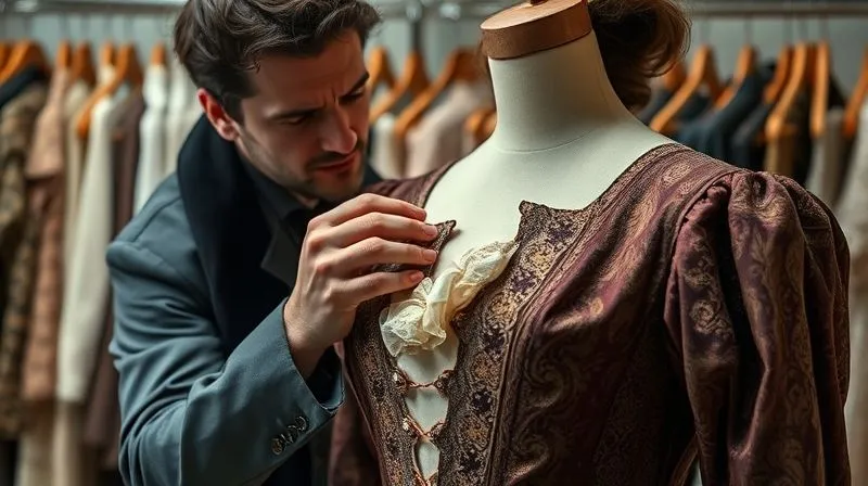 Photorealistic, professional photography, 8K, cinematic lighting, sharp focus on a costume designer's hands meticulously examining a torn seam on an elaborate, richly textured period costume draped over a mannequin, a concerned expression on the designer's face, depth of field blurring a bustling wardrobe rack in the background, shot on a high-end DSLR, conveying a moment of urgent diagnosis.