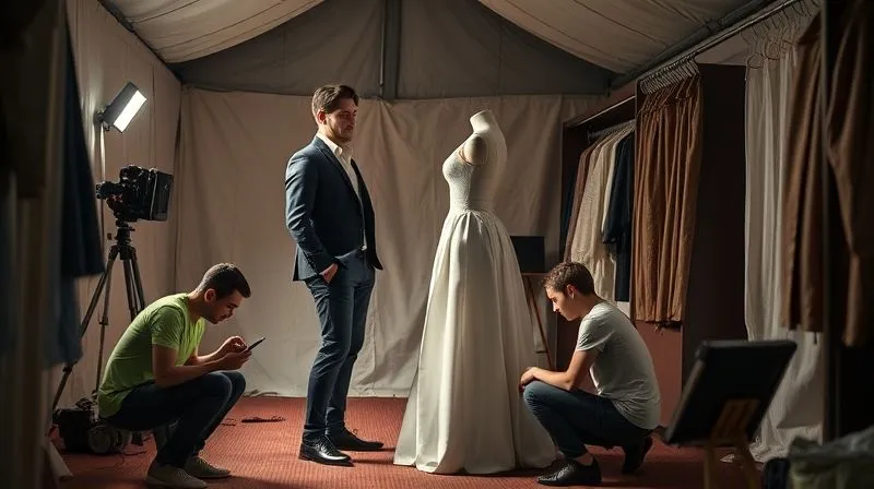 Photorealistic, professional photography, 8K, cinematic lighting, sharp focus on a lead actor standing patiently in a half-finished costume during a fitting, a costume designer kneeling to pin a hem, and an assistant taking notes. The room is a temporary, bustling wardrobe tent on a film set, conveying the meticulous work under pressure, depth of field, shot on a high-end DSLR.