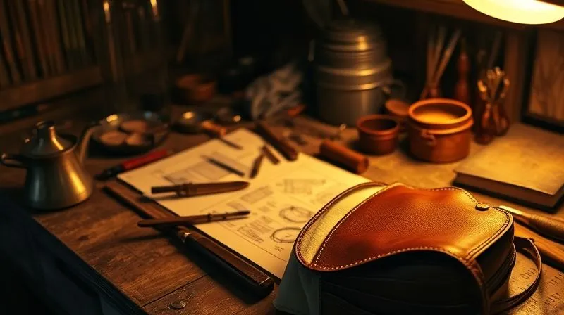 photorealistic, professional photography, 8K, cinematic lighting, sharp focus, depth of field, shot on a high-end DSLR. An antique craftsman's workbench, illuminated by a warm, golden light, with intricate tools, sketches of luxury accessory designs, and a partially finished leather handbag, conveying a sense of heritage, skill, and narrative creation.