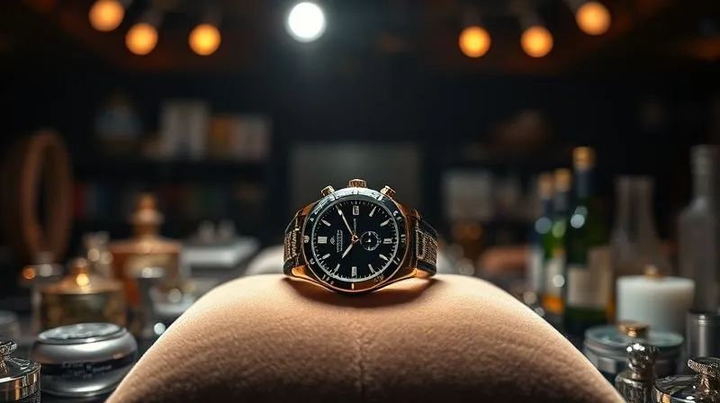 photorealistic, professional photography, 8K, cinematic lighting, sharp focus, depth of field, shot on a high-end DSLR. A single, exquisitely crafted luxury watch displayed on a velvet cushion under a dramatic spotlight, surrounded by blurred, shimmering lights, symbolizing its unique value and exclusivity amidst a background of less distinct, generic luxury items.