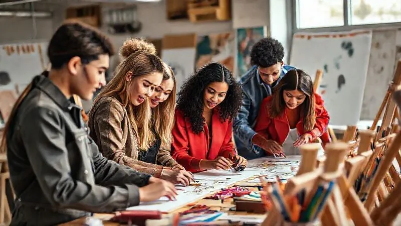 A photorealistic, professional photography, 8K, cinematic lighting, sharp focus, depth of field, shot on a high-end DSLR, depicting a diverse group of young, stylish individuals actively participating in a creative workshop, collaborating on designs, surrounded by mood boards and art supplies, vibrant colors, strong sense of community and shared purpose.