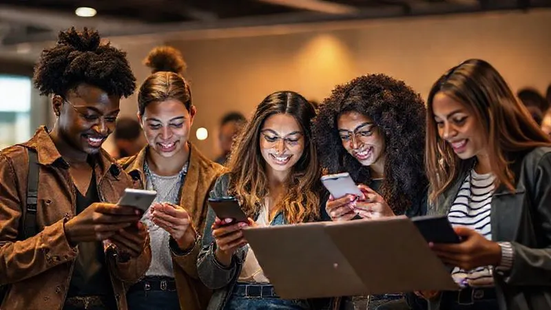 A photorealistic, professional photography, 8K, cinematic lighting, sharp focus, depth of field, shot on a high-end DSLR, depicting a diverse group of young, stylish individuals actively engaging with their smartphones and laptops, creating and sharing content, showcasing a strong sense of community and digital activism, vibrant and modern setting.