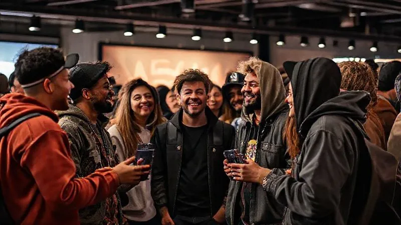 A photorealistic, professional photography, 8K, cinematic lighting, sharp focus, depth of field, shot on a high-end DSLR, depicting a diverse group of loyal streetwear fans interacting directly and enthusiastically with a brand founder at an exclusive pop-up event, showing genuine connection, smiles, and shared passion for the brand's unique aesthetic.