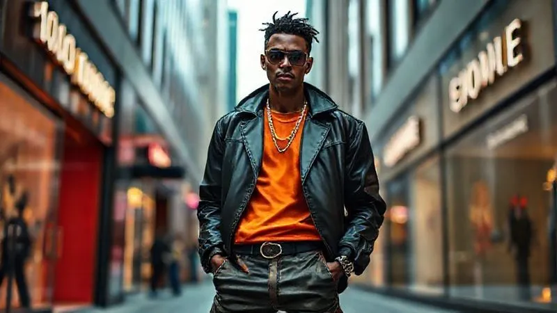 A photorealistic, professional photography, 8K, cinematic lighting, sharp focus, depth of field, shot on a high-end DSLR, depicting a stylized, confident streetwear model wearing a bold, original design, standing defiantly against a backdrop of blurred, generic luxury storefronts, embodying the spirit of independent innovation and resilience, dynamic pose, vibrant colors.