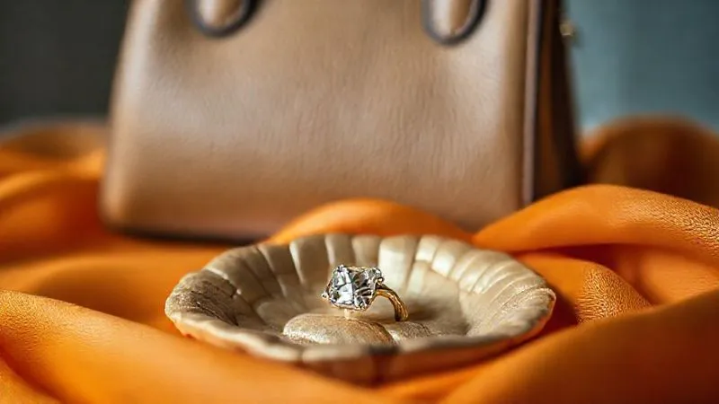 A photorealistic still life arrangement showcasing innovative, sustainable luxury materials: a sleek handbag made from mushroom leather, a sparkling lab-grown diamond ring nestled on a bed of recycled gold, and a swatch of luxurious orange fiber silk. The composition is elegant and minimalist, with soft, natural light highlighting the textures and brilliance of the materials. Professional photography, 8K, cinematic lighting, sharp focus on the materials, depth of field blurring the background, shot on a high-end DSLR.