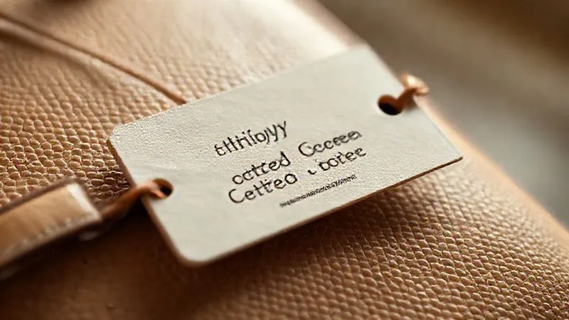 A photorealistic image of an elegant, minimalist price tag from a luxury brand, subtly indicating 'Ethically Sourced' and 'Crafted for Longevity'. The tag is attached to a beautifully textured, sustainable luxury product (e.g., a handbag or watch made from innovative materials). The lighting is soft and sophisticated, emphasizing quality and thoughtful design. Professional photography, 8K, cinematic lighting, sharp focus on the tag and product, depth of field blurring a luxurious background, shot on a high-end DSLR.