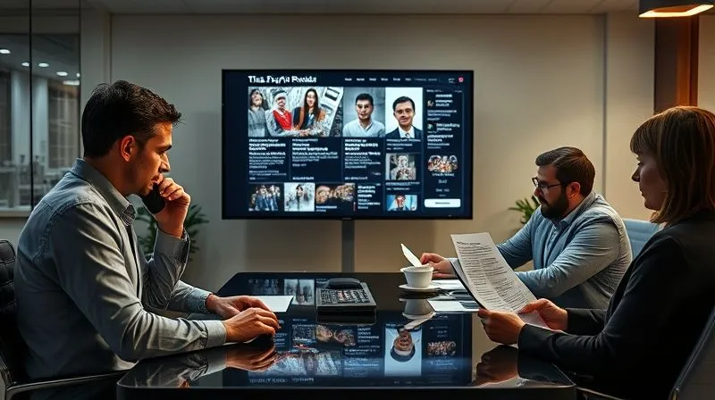 A photorealistic, professional photography shot of a luxury brand's PR team in a sleek, modern office, engaged in an urgent but calm discussion around a large screen displaying news feeds and social media. One team member is on a call, another is typing rapidly, and a third is reviewing a press statement. The atmosphere is focused and professional, with cinematic lighting casting subtle shadows. 8K, depth of field.