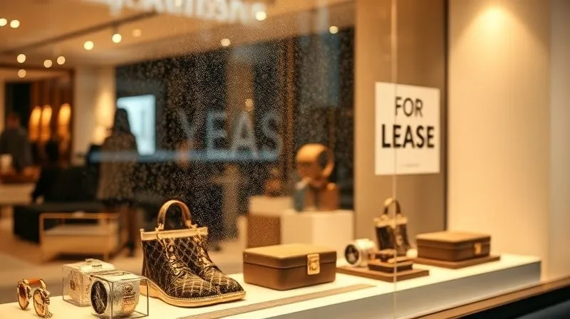 A photorealistic professional photography shot of a luxury boutique window display, with elegant, expensive accessories arranged, but a subtle layer of dust on the glass and a 'for lease' sign faintly visible in the reflection, symbolizing stagnation and missed opportunities. Cinematic lighting, sharp focus on the dusty display, depth of field. 8K hyper-detailed, shot on a high-end DSLR.