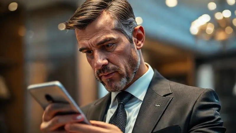 A photorealistic image of a sophisticated gentleman in a well-tailored suit, looking intently at his phone, engaged in a serious but calm conversation. His expression is focused, perhaps with a subtle hint of concern. The background is a blurred, elegant home office or a high-end retail environment. Professional photography, 8K, cinematic lighting, sharp focus on the man's face and phone, depth of field.