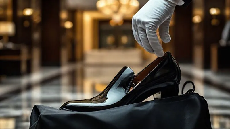 A photorealistic image of a sleek, black luxury dress shoe being carefully placed into a protective garment bag by a gloved hand, suggesting white-glove service. The background is a blurred, high-end hotel lobby or an exclusive boutique. Professional photography, 8K, cinematic lighting, sharp focus on the shoe and hands, depth of field.
