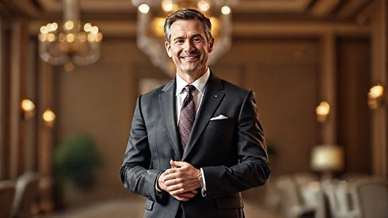 A photorealistic image of a gentleman in a classic suit, standing confidently with impeccable posture, a faint, reassuring smile on his face. His hands are clasped loosely in front of him, exuding calm. The background is a soft-focus, elegant event space. Professional photography, 8K, cinematic lighting, sharp focus on the man, depth of field.