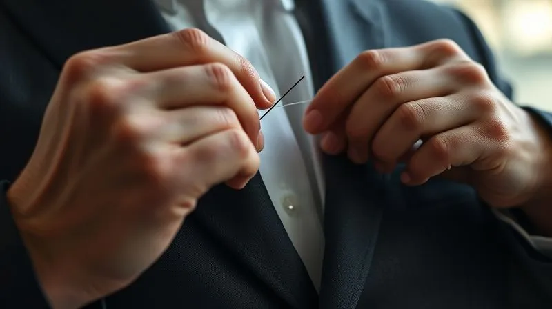 A photorealistic close-up of a skilled tailor's hands meticulously adjusting the lapel of a dark suit jacket with needle and thread, sharp focus on the hands and fabric, soft natural light, professional photography, 8K, depth of field, shot on a high-end DSLR.