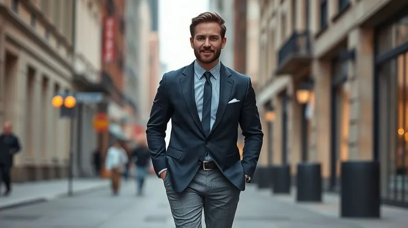 A photorealistic, professional photography shot of a confident, well-dressed man in a revitalized tailored suit, perhaps a classic navy jacket paired with modern grey trousers, walking purposefully down a city street with a subtle smile. Cinematic lighting, sharp focus on the subject, depth of field blurring the urban background, 8K, shot on a high-end DSLR, conveying a sense of contemporary elegance and self-assured style.