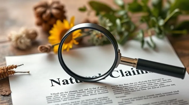 A photorealistic image of a magnifying glass hovering over a legal document with the words 'Natural Claims' highlighted, set against a backdrop of blurred natural botanicals, professional photography, 8K, cinematic lighting, sharp focus, depth of field, shot on a high-end DSLR.