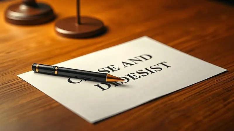 A photorealistic image of a legal document titled 'Cease and Desist' on a wooden desk, with a pen poised above it, suggesting contemplation and immediate action, professional photography, 8K, cinematic lighting, sharp focus, depth of field, shot on a high-end DSLR.