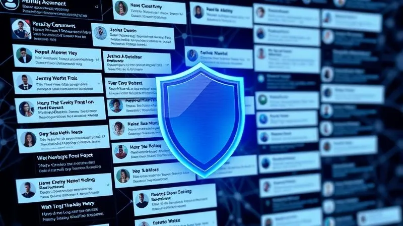 A photorealistic image of a social media interface displaying a complex web of comments and news articles, with a protective shield icon overlaid, symbolizing brand reputation management during a crisis, professional photography, 8K, cinematic lighting, sharp focus, depth of field, shot on a high-end DSLR.